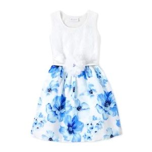 Childrens Place Blue & White Floral & Lace Knit To Woven Formal Dress Girls 10